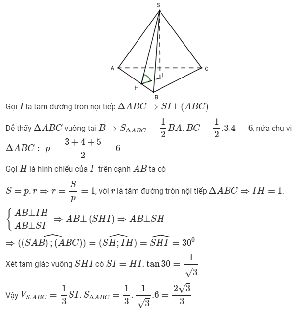 Hình đáp án 1. Cho hình chóp $\large S.ABC$ có $\large AB=3, BC=4, AC=5$. Tính thể tí