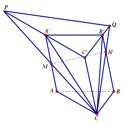 Hình đáp án 1. Cho lăng trụ $\large ABC.A'B'C'$ có thể tích bằng 2. Gọi $\large M,N$ 