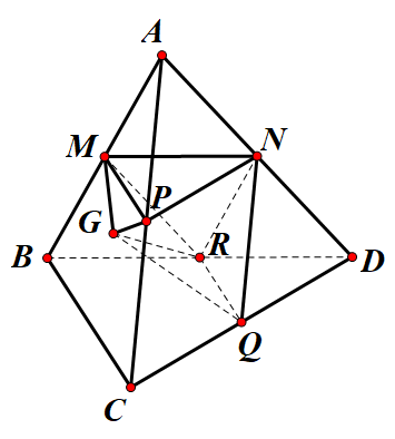 Hình minh họa Cho tứ diện ABCD có thể tích là V. Gọi M, N, P, Q, R lần lượt là trung