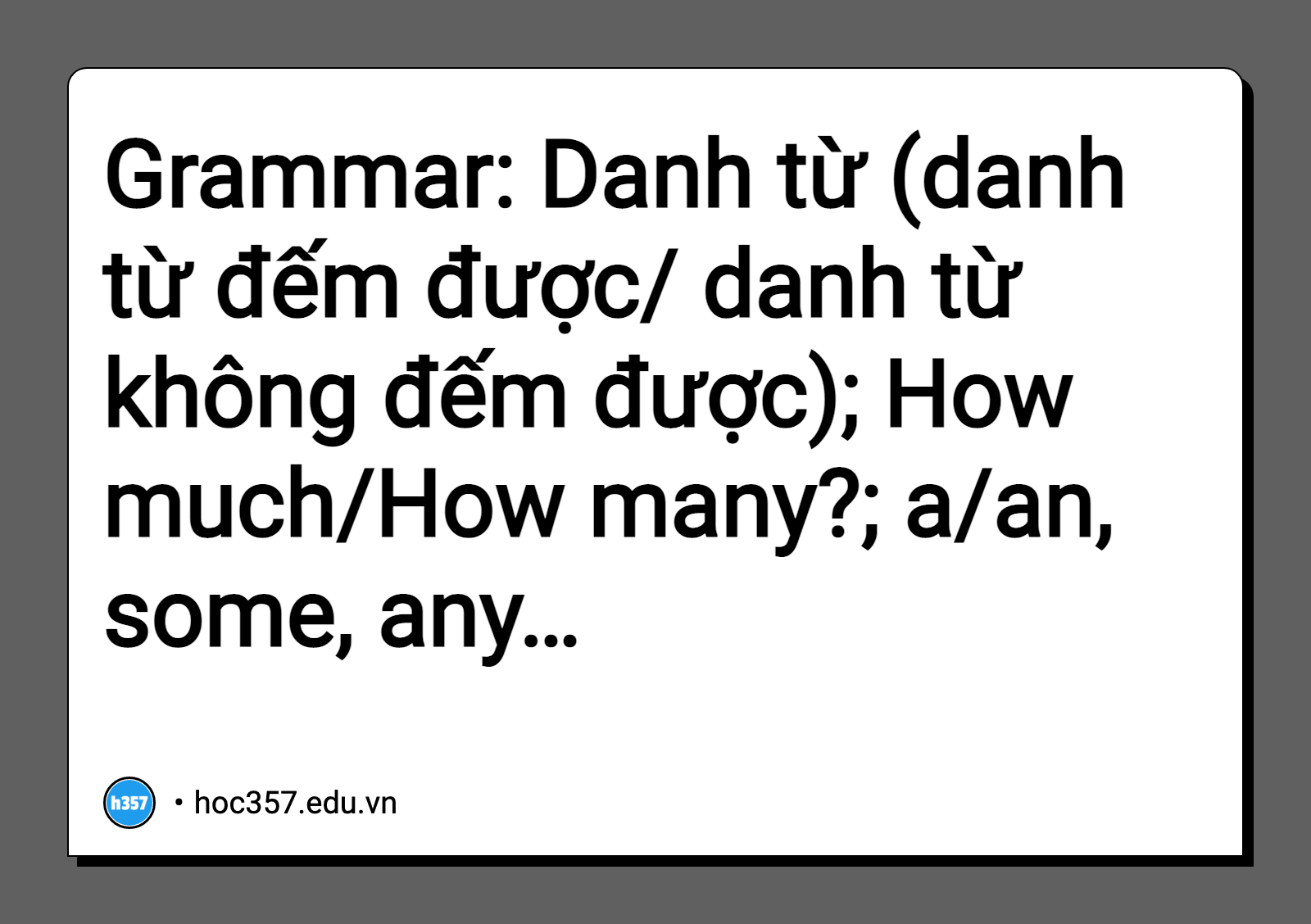 Hình minh họa Grammar: Danh từ (danh từ đếm được/ danh từ không đếm được); How much/How many?; a/an, some, any…
